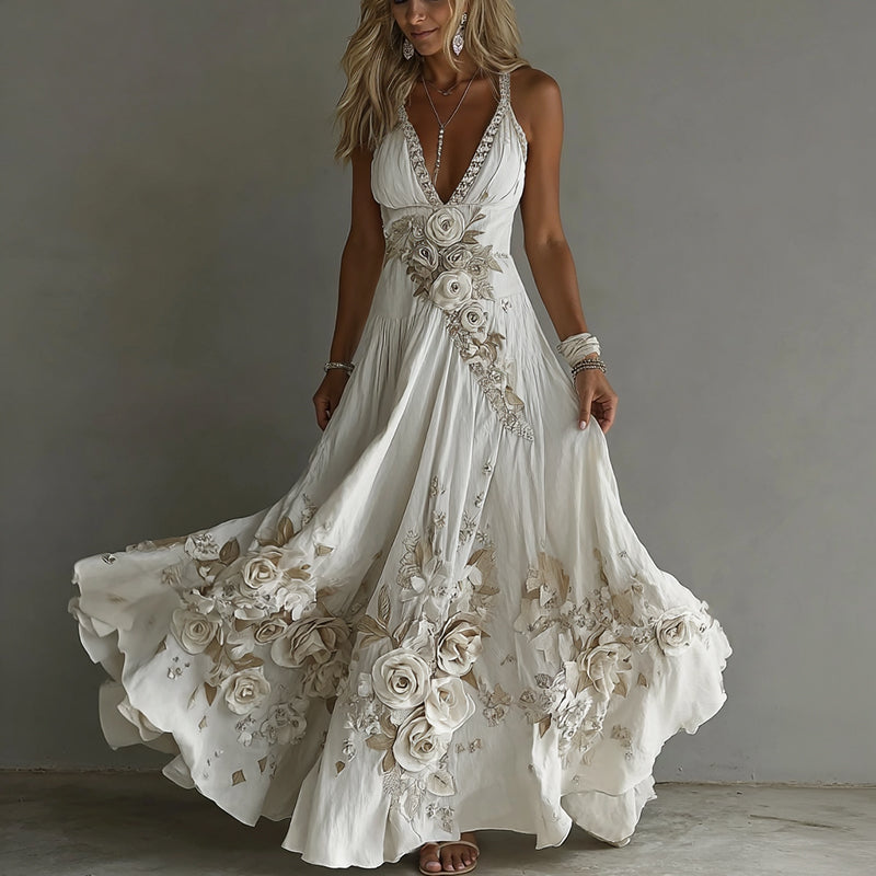 Women's Vintage Flowers Embroidery Art V-neck Suspender Maxi Dress