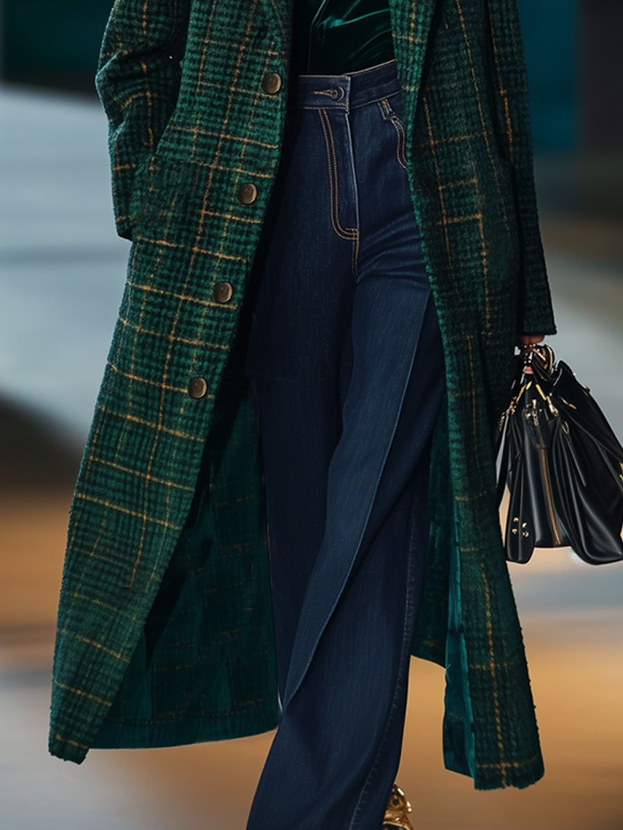 [24-hour shipping out]Casual Loose Retro Pocket Woolen Plaid Mid-Length Coat