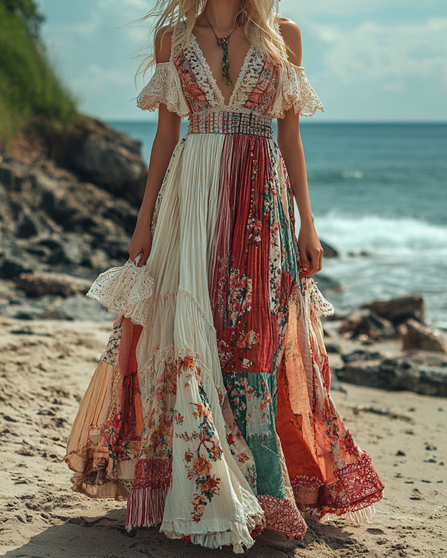 Summer Vacation Seaside Embroidered Lace Patchwork Linen Dress 40a9