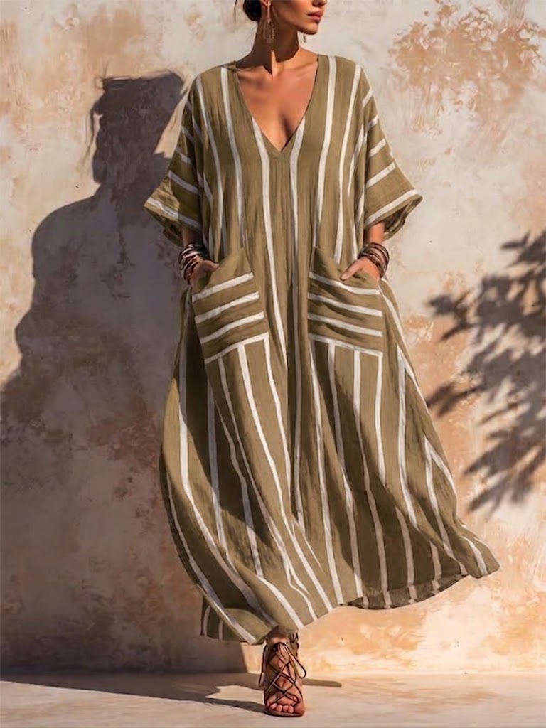 Casual Loose-fit Striped Linen And Cotton Dress