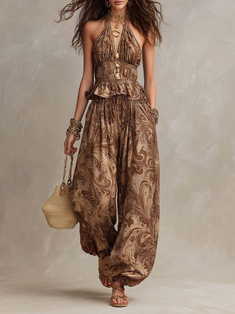 Bohemian Baroque Print Halter Top & Harem Pants Two-Piece Set