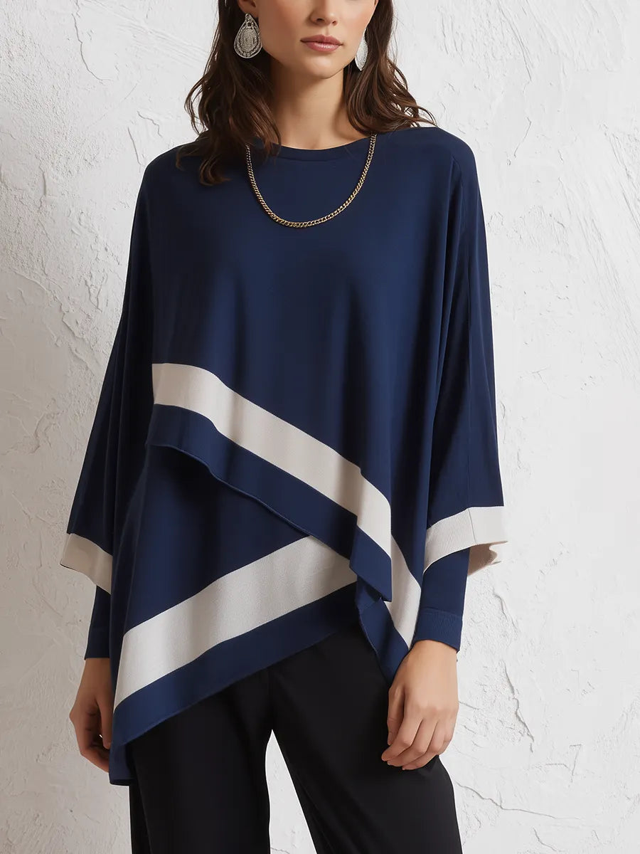 Elegant Navy Colorblock Asymmetric Tunic Top