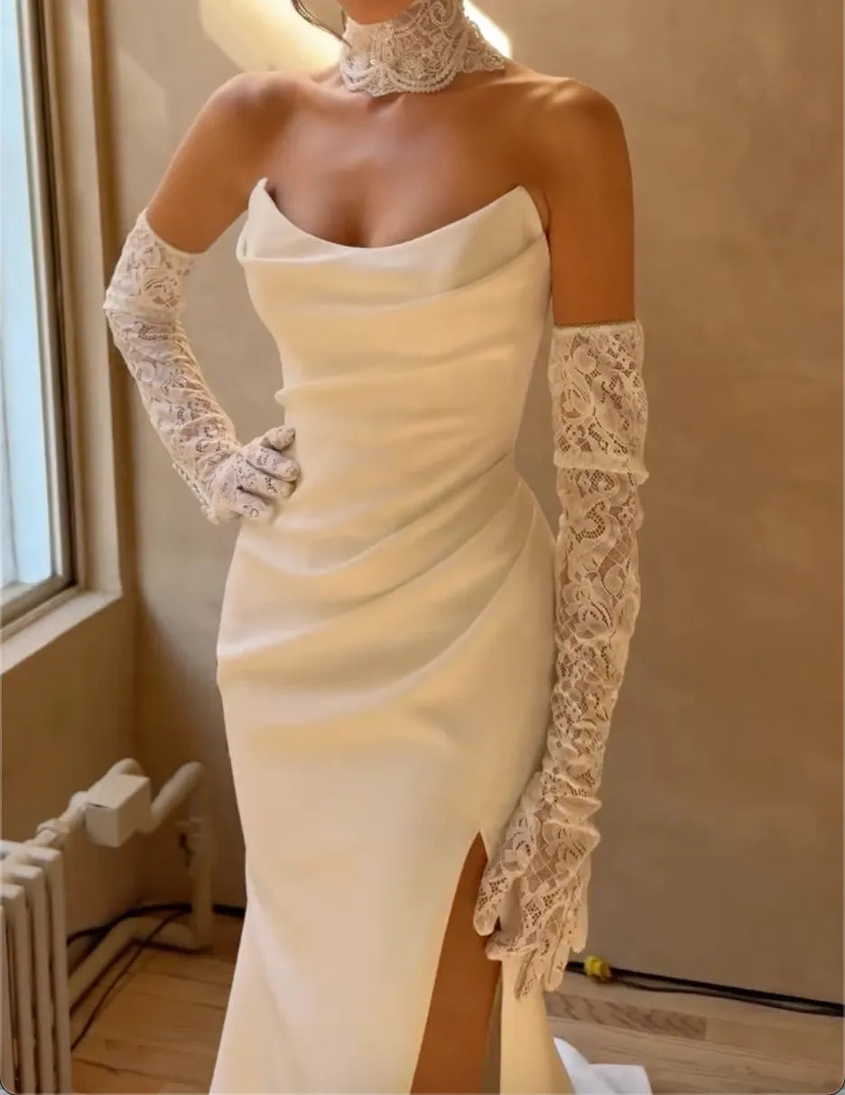 Strapless Cowl Neck Satin Mermaid Wedding Dress High Slit Bridal Gown With Detachable Lace Gloves
