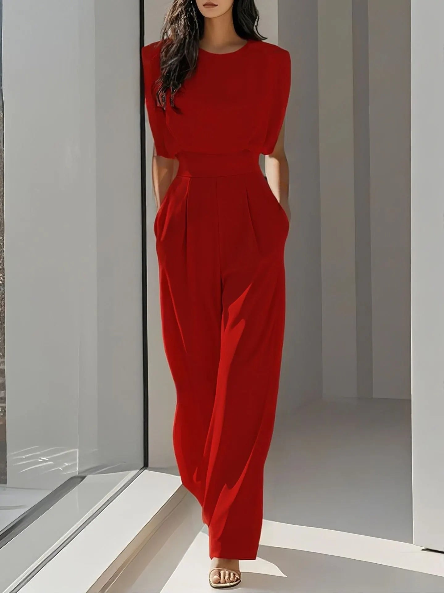 Women's Elegant High-Waist Jumpsuit - Wrinkle-Free Sleeveless Wide Leg Romper with Pockets