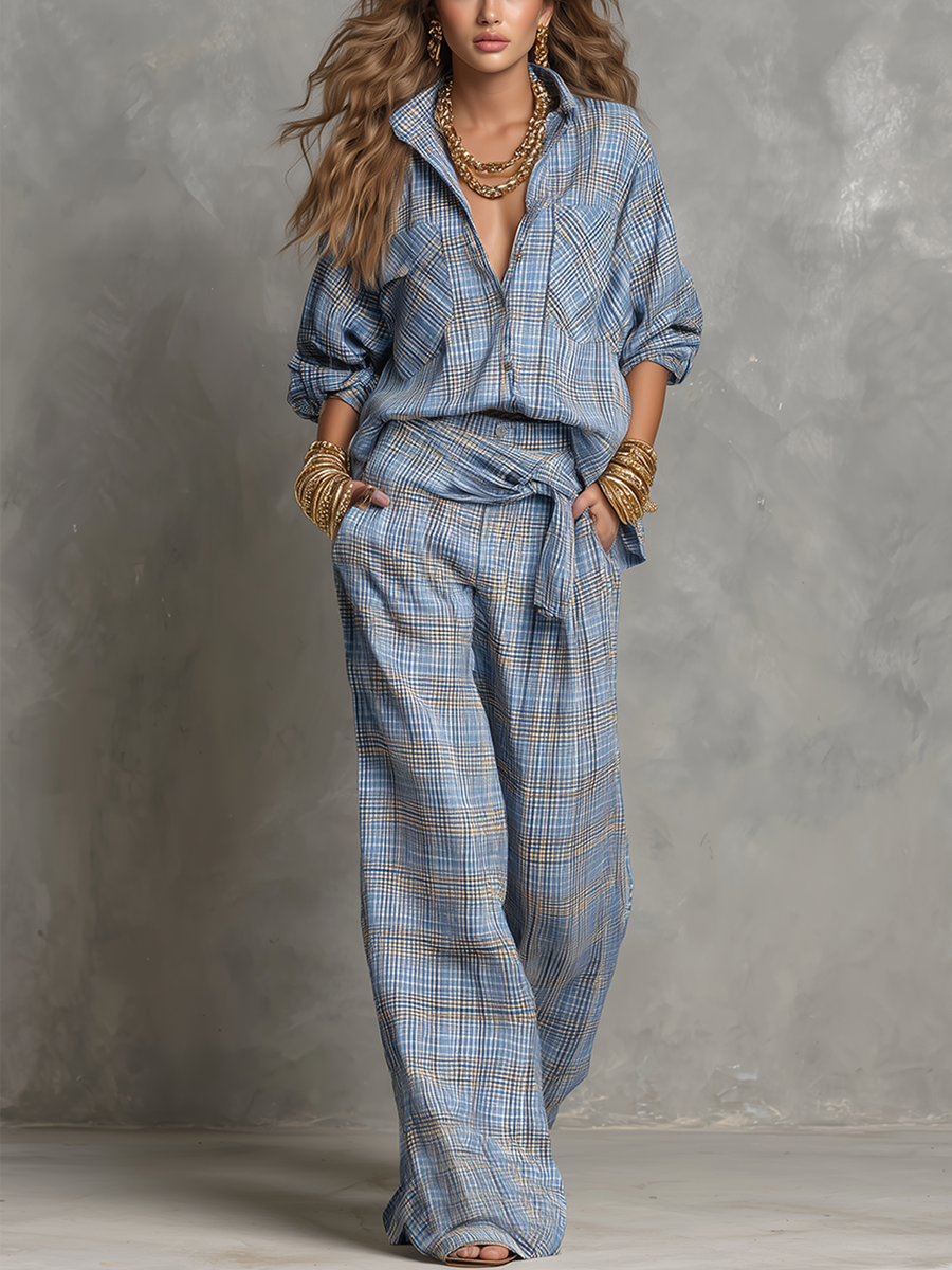 Relaxed Blue Plaid Shirt Wide Leg Pants Set