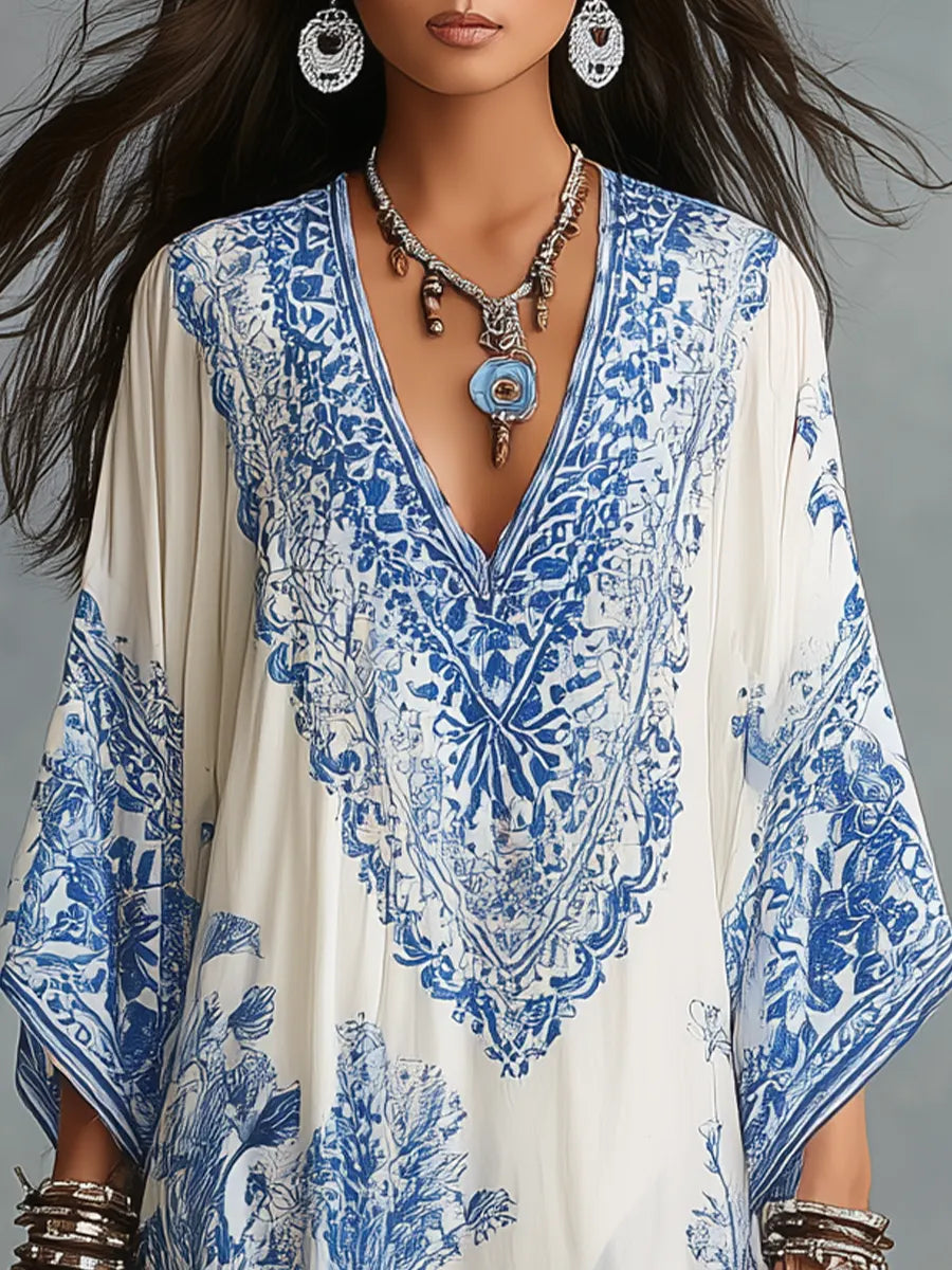 Refined Blue Porcelain Print V-Neck Kaftan Dress