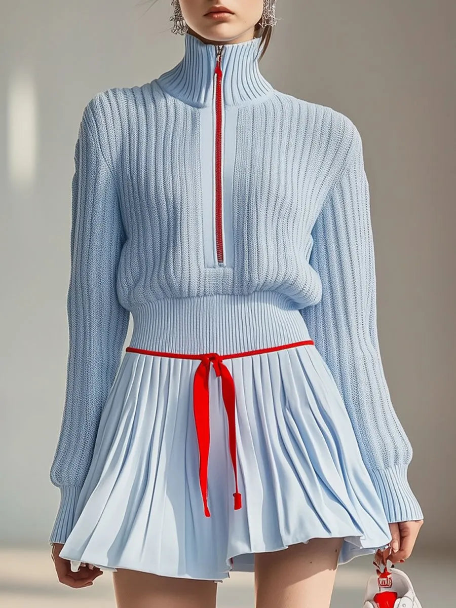 [24-hour shipping out]Casual Fashion Stand Collar Zipper Knitted Sweater Culotte Sports Set