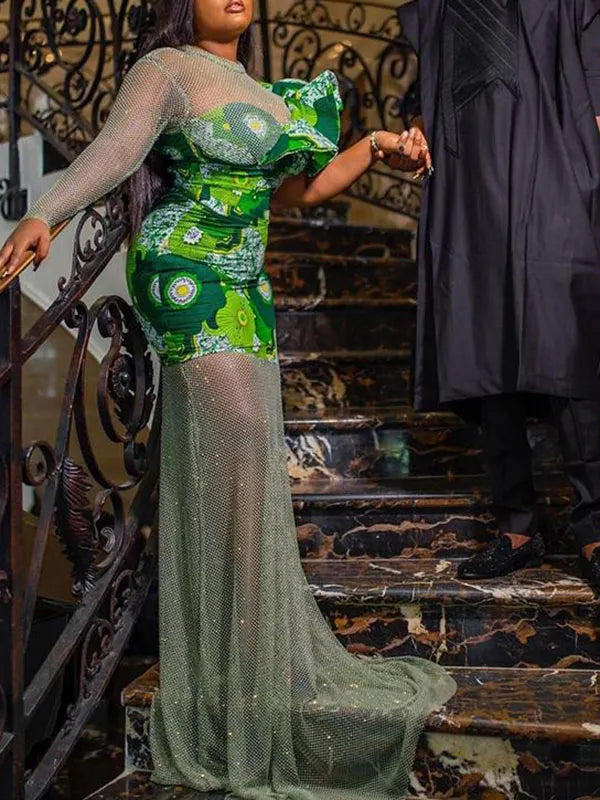 Elegant Long Sleeve Floral Printed Falbala Mesh Wrap Maxi Dress
