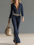 Retro Fashion Sports Hooded Zipper V-neck Dark Blue Knitted Jumpsuit