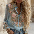 Women's Vintage Floral Embroidery Linen Shirt