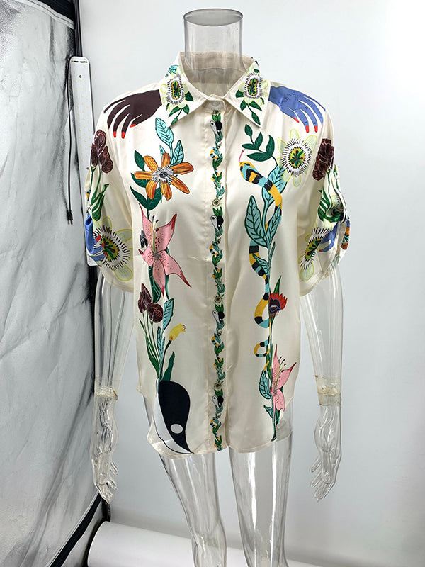 Buttoned Drawstring Elasticity Flower Print Pockets Half Sleeves Loose Lapel Two Pieces Set Pants Set