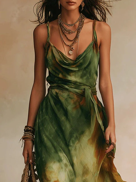 Green Abstract Print Halter Neckline Spaghetti Strap Tie-up Maxi Dress