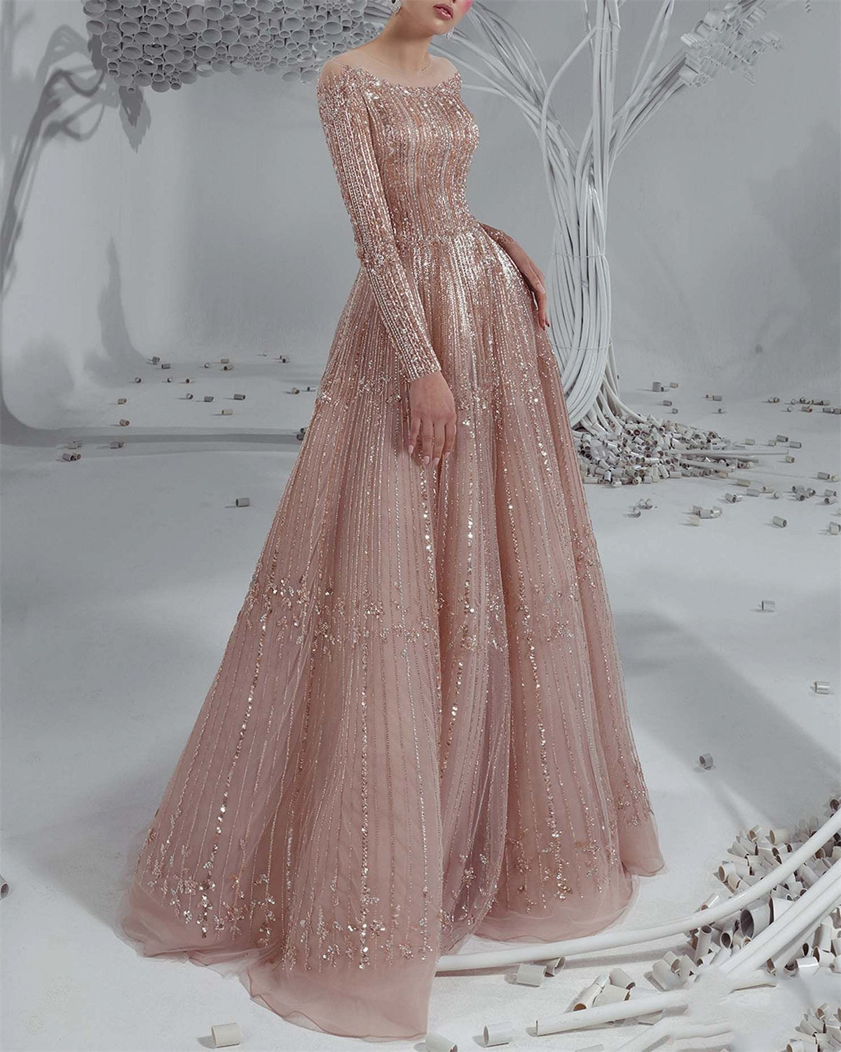 Women's Off Shoulder Sequin Evening Dress - 01