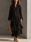 Bohemian Black Pleated Ruffle Maxi Dress