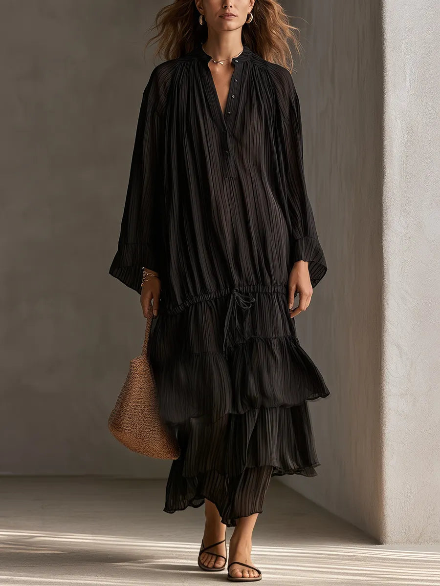 Bohemian Black Pleated Ruffle Maxi Dress