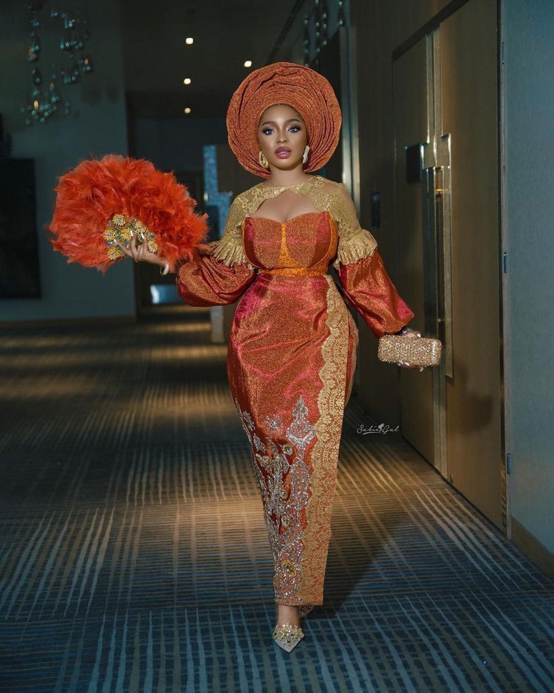 Orange Traditional Asooke, Wedding Guest, Bridal Asooke, African clothing, African fashion, Couple outfit, Owanbe, Engagement, Photoshoot,