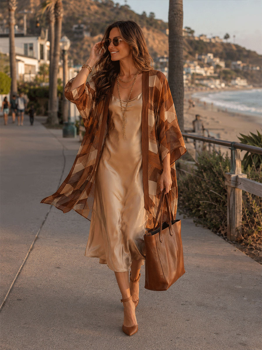 Geometric Print Kimono Cardigan with Satin Slip Dress Two-Piece Set