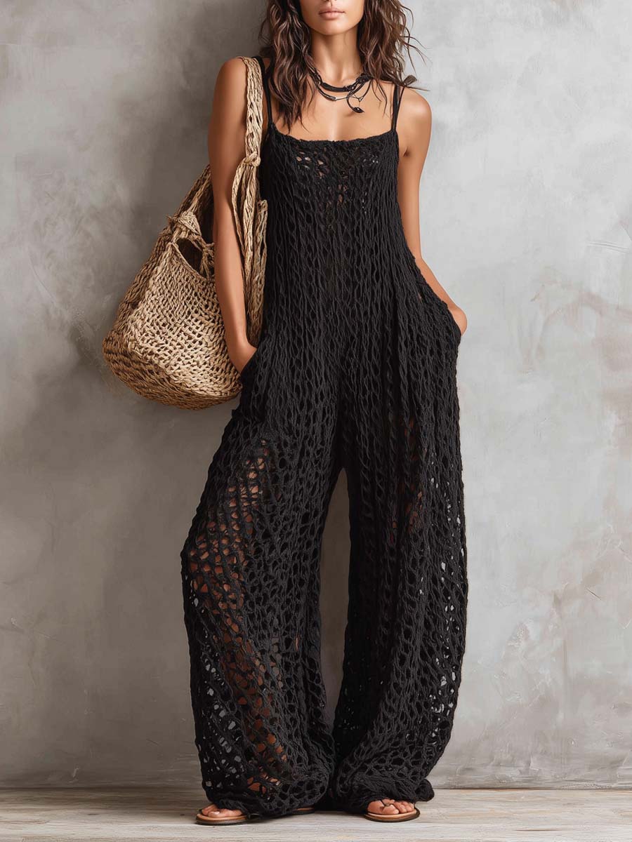 Retro Square Neckline Openwork Knit Jumpsuit