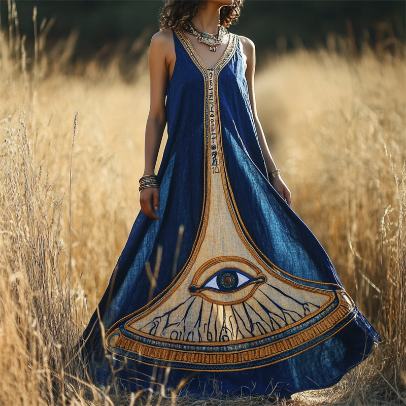 Eye Of Horus Ancient Egyptian Embroidered Flowy Linen Maxi Dress
