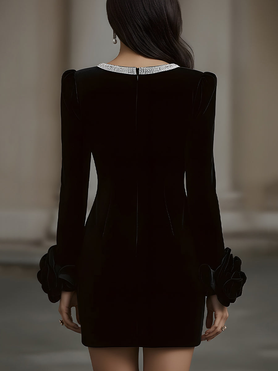 Elegant Velvet Mini Dress With Embellished Neckline And Floral Cuff Detail