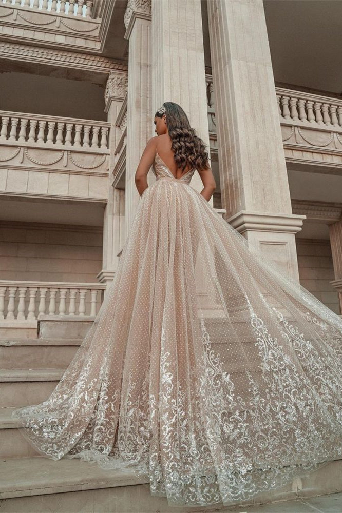 Daisda Spaghetti-Strap Applique Ruffles Mermaid Wedding Dress