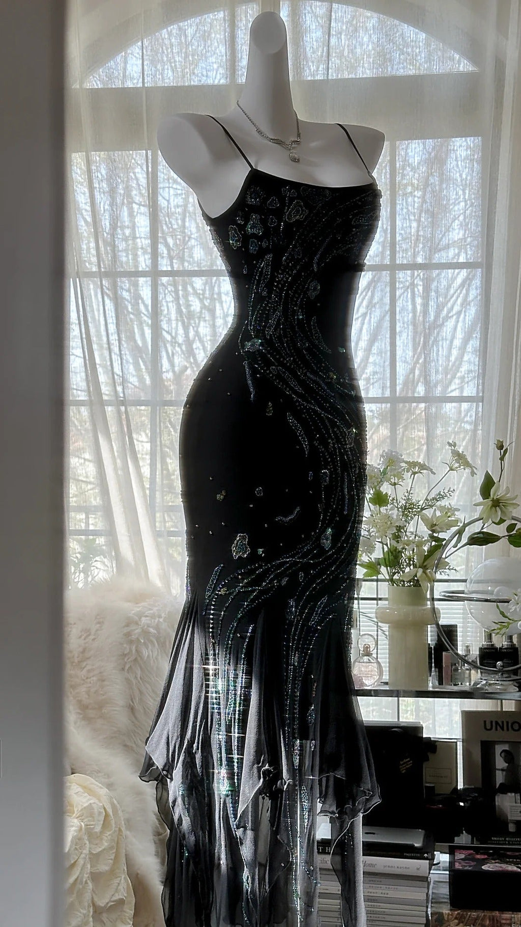Black Shiny Luxury Gorgeous Exquisite Beaded Long Mermaid Mermaid Dress Chiffon Fairy Ball Dress Evening Dress Wedding Guest Party Dress Prom Dress Date Dress Graduation Dress 3992