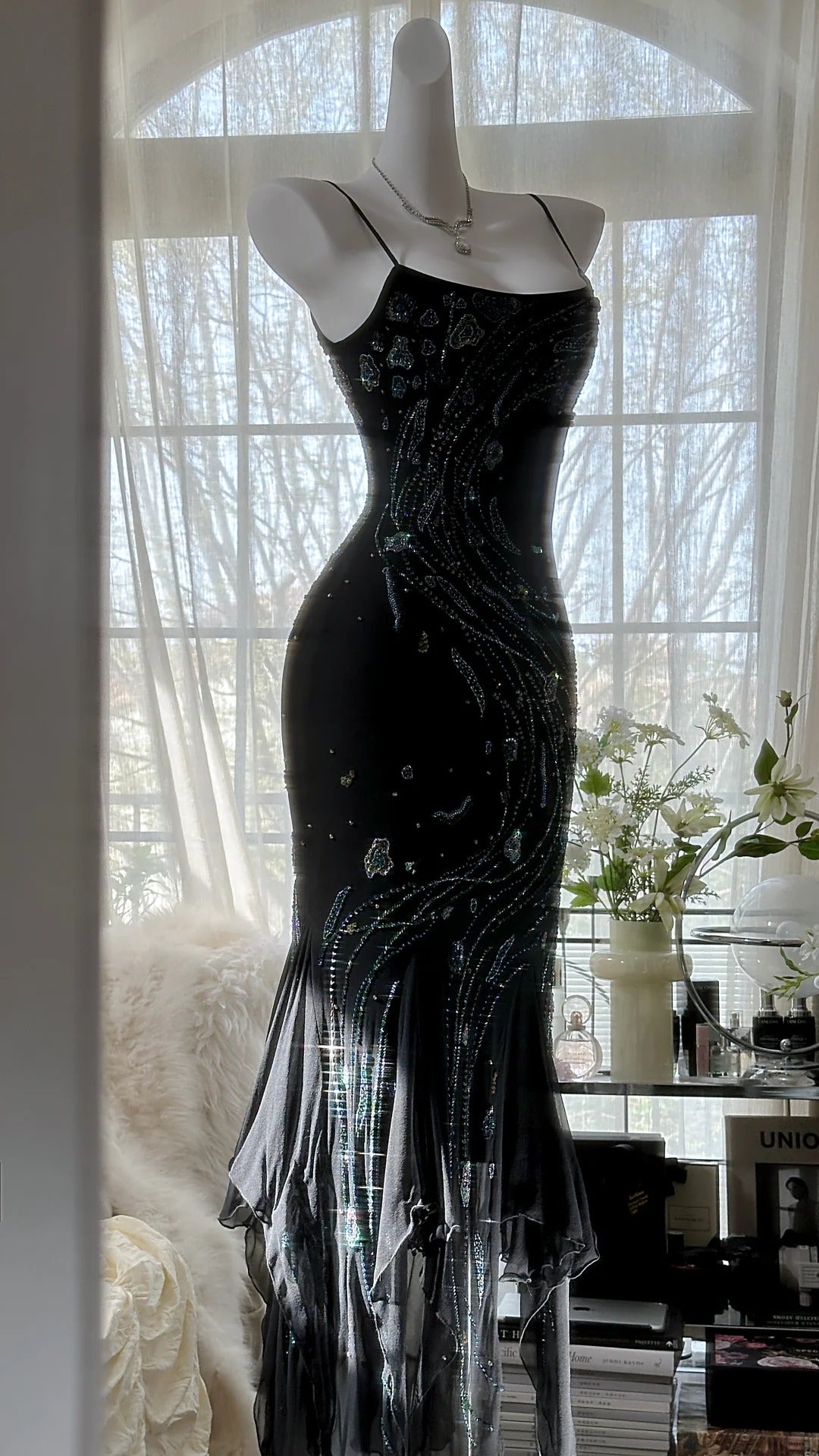 Black Shiny Luxury Gorgeous Exquisite Beaded Long Mermaid Mermaid Dress Chiffon Fairy Ball Dress Evening Dress Wedding Guest Party Dress Prom Dress Date Dress Graduation Dress 3992