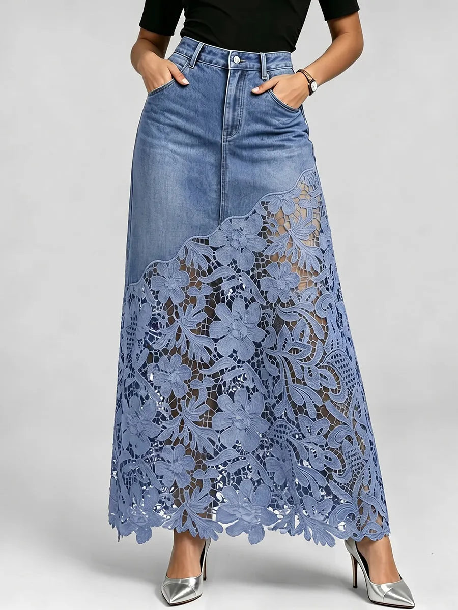 Elegant & Sexy Denim Skirt With Floral Lace Hem