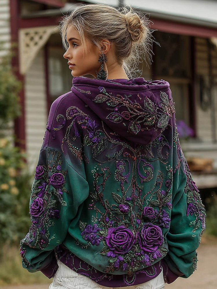 Women's Retro Purple Rose Gradient Pattern Casual Hoodie