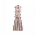 Nerina Double-Breasted 2 Piece Pleated Midi Dress – Sleeveless Blazer Top & Skirt Set in Black, Cream or Beige