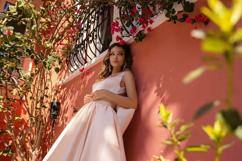 Long Train Wedding Dress, Ivory Wedding Dress, Extra Large Bridal Bow Belt, Sweep Train Dress, Dreamy Bridal Dress, Satin Wedding Dress