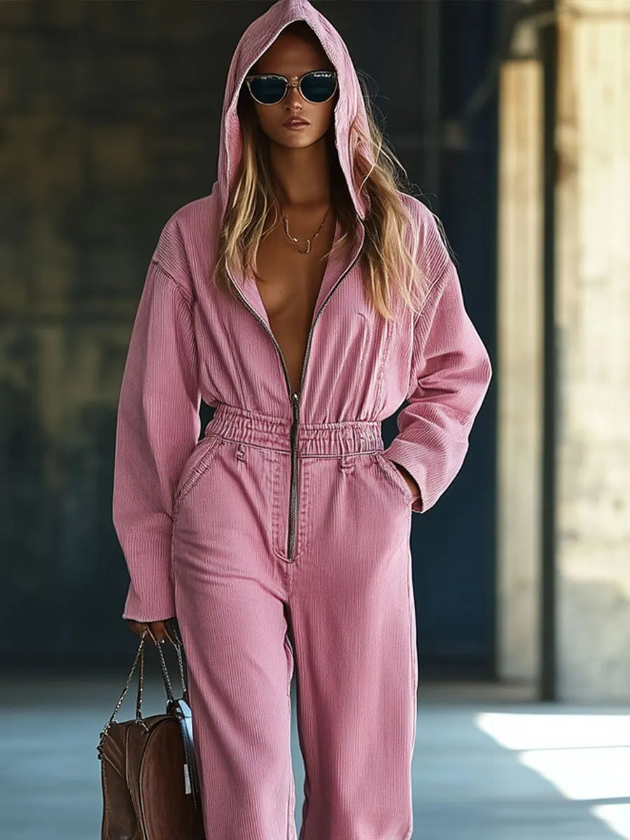 [24-hour shipping]Casual Loose Retro Solid Color Corduroy Zipper Hooded Jumpsuit