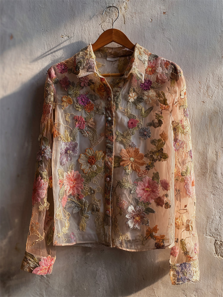 Vintage Elegant Floral Embroidered Flowy Blouse