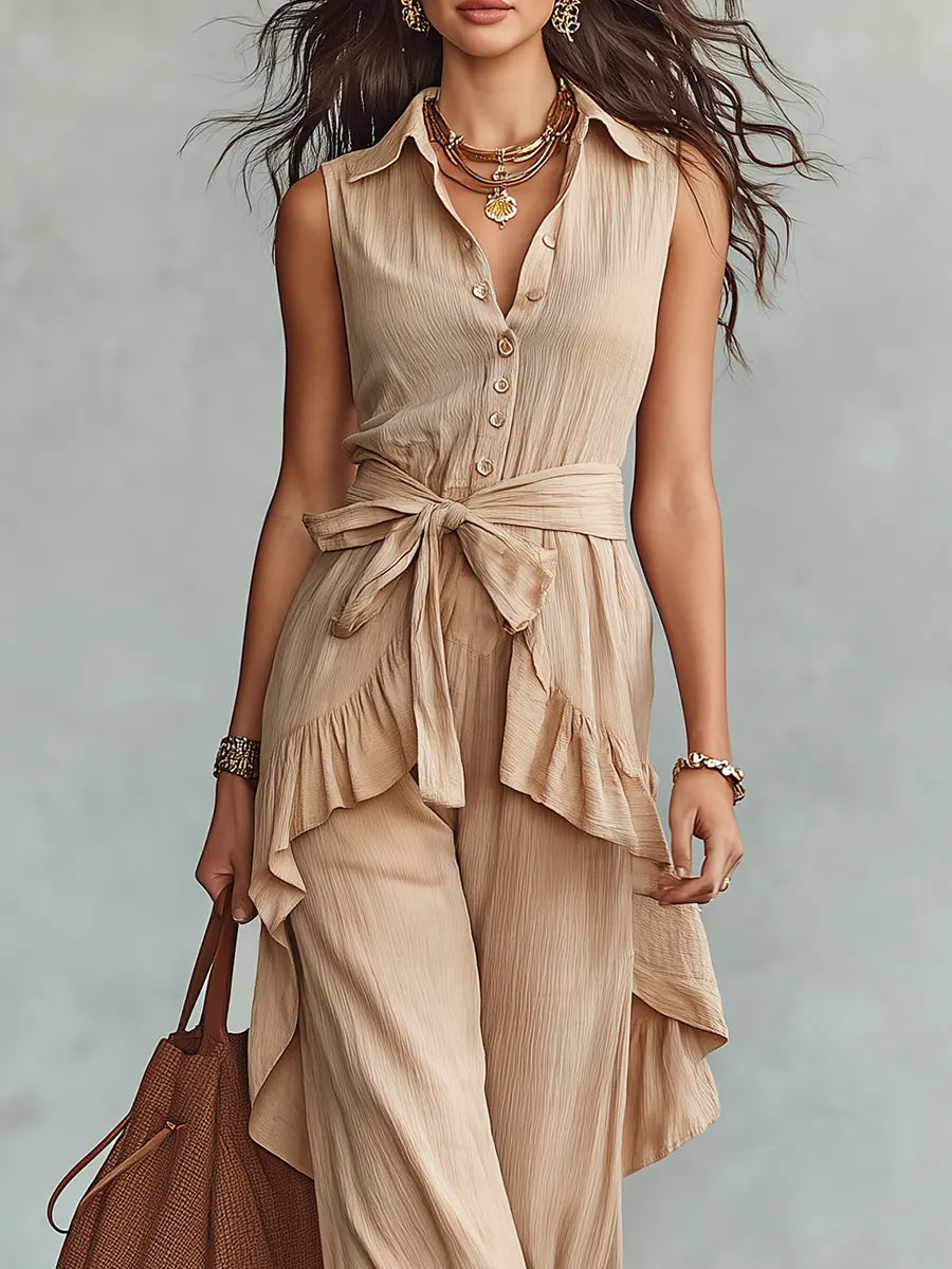 Refined Beige Sleeveless Ruffle Wide Leg Pant Set