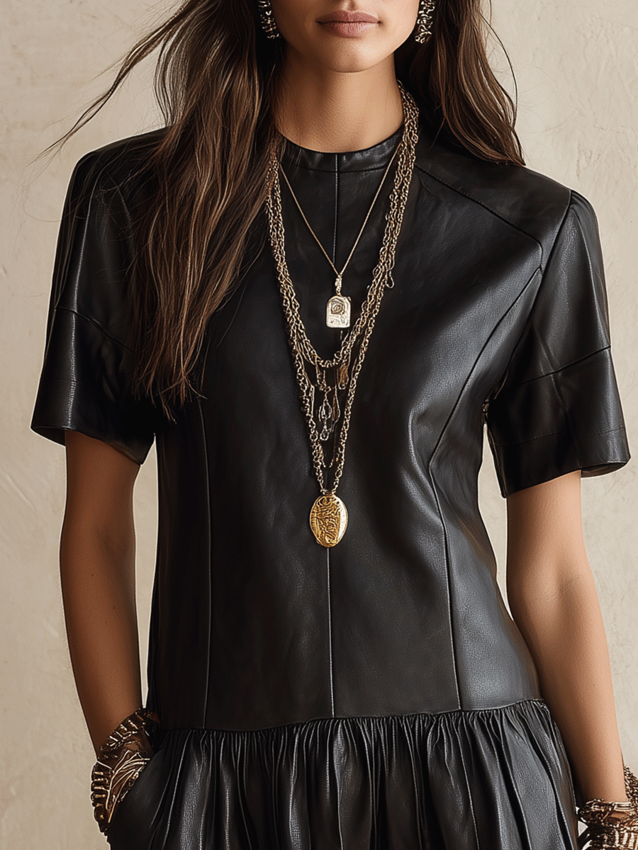 Women's Faux Leather Tiered Ruffle Hem Short Sleeve Mini Dress