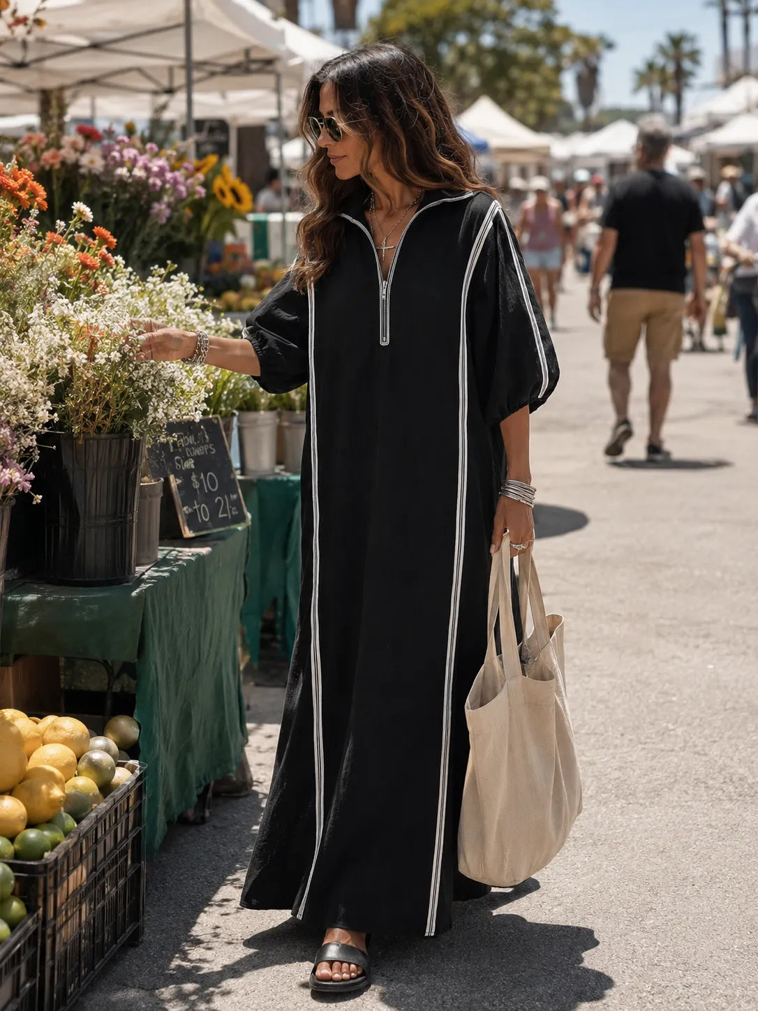 Women's Zip Collar Contrast Striped Long Sleeve Maxi Dress