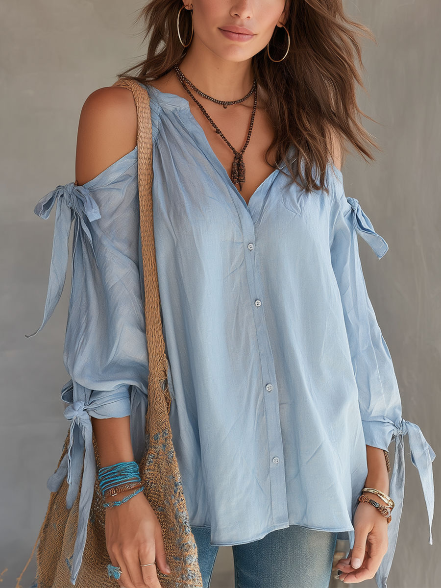 Bohemian Style Gray-blue Tie-front Cotton Shirt