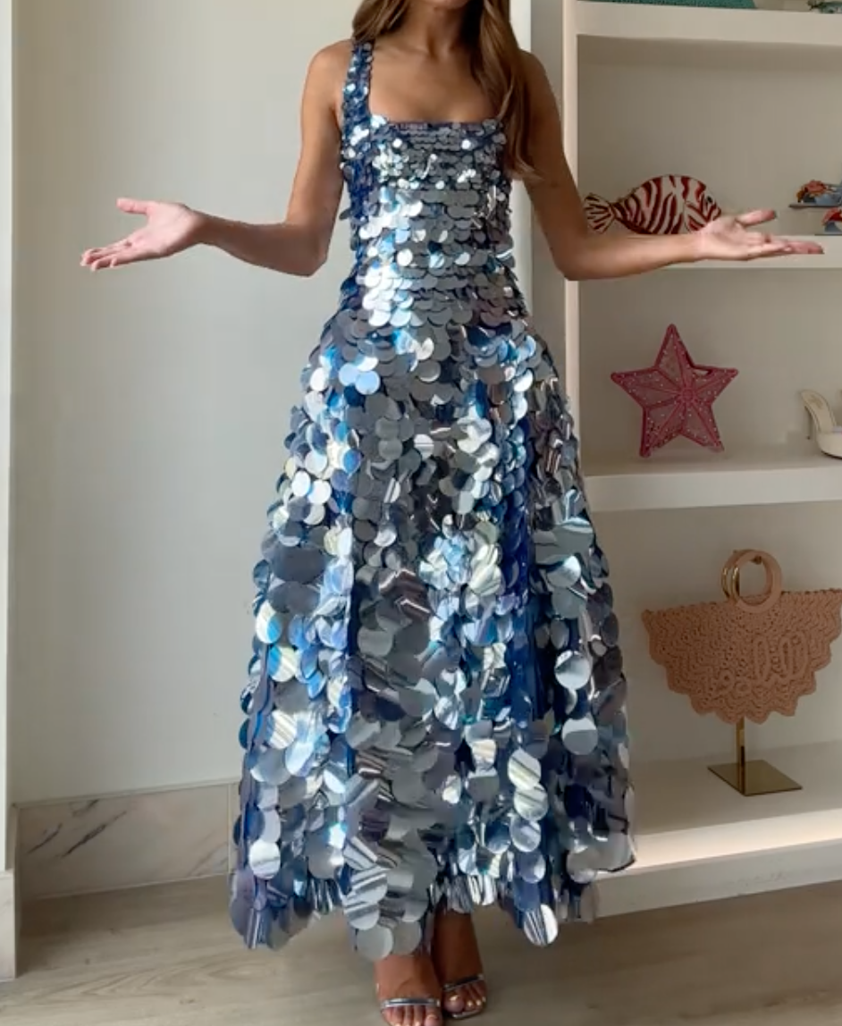 Blue Ombre Large Sequin Square Neck Maxi Dress with Strappy Design