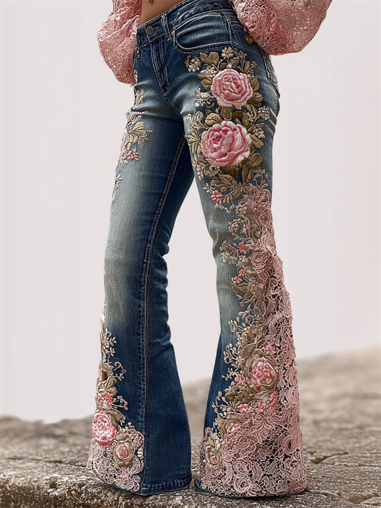 Pink Roses Embroidered Lace Patchwork Washed Bell Bottom Jeans