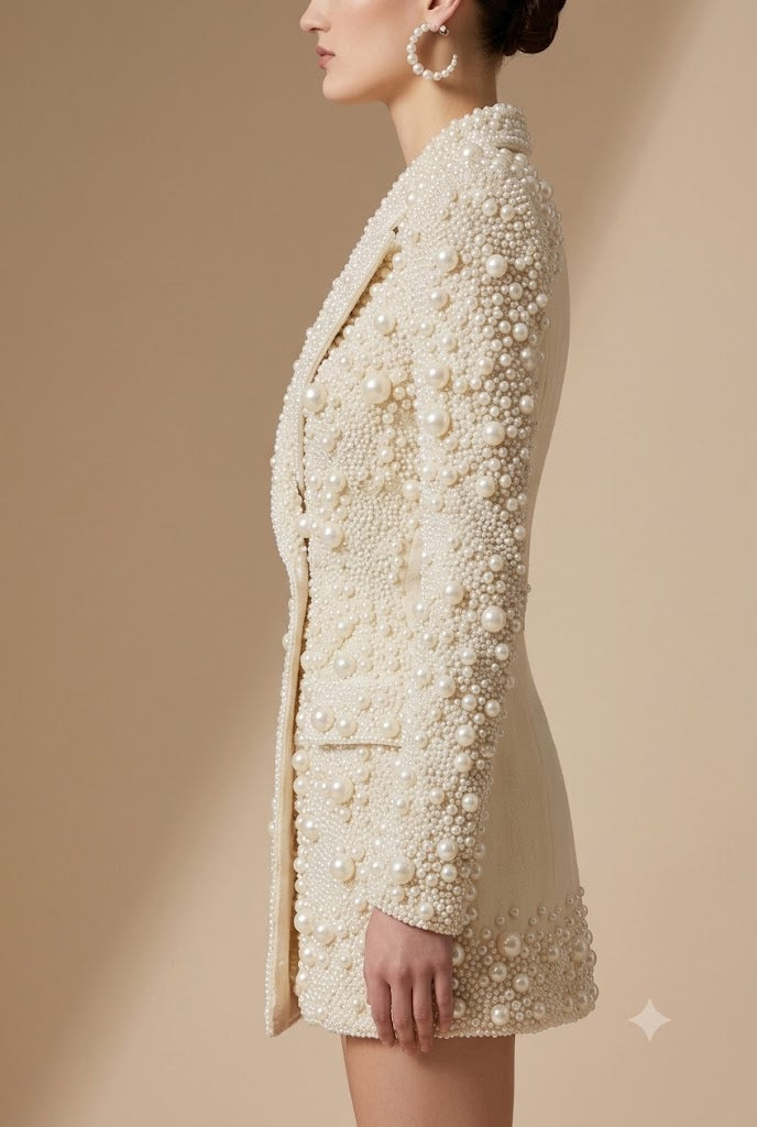 Luxury Ivory White Pearl Embellished Blazer Dress | Heavy Beaded Mini Dress