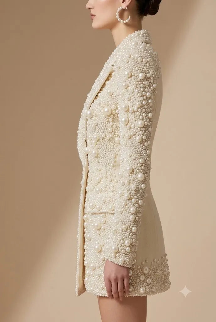 Luxury Ivory White Pearl Embellished Blazer Dress | Heavy Beaded Mini Dress
