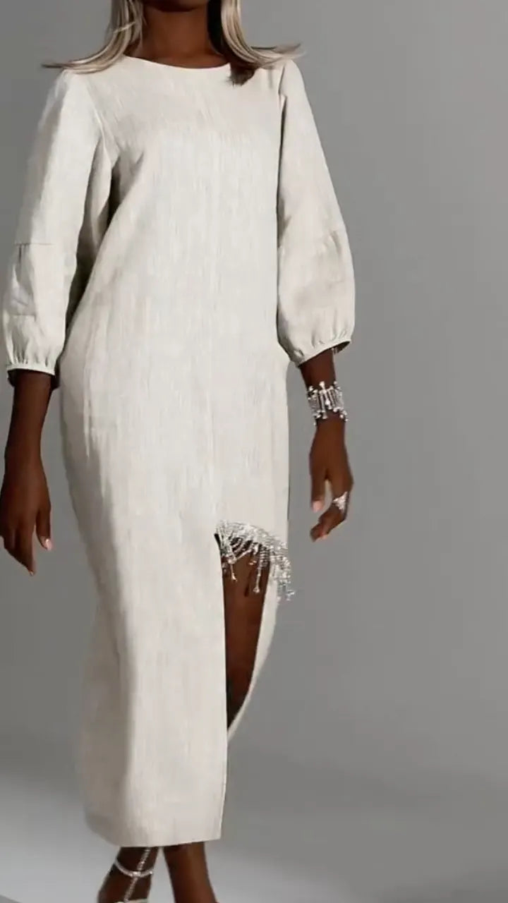Beige Linen Fringe‑Slit Midi Dress