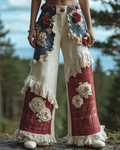 Women's Spring Floral Embroidered Plaid Patchwork Design Trousers    1871