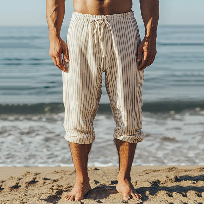 Men's Casual Striped Cotton And Linen Pocket Casual Pants