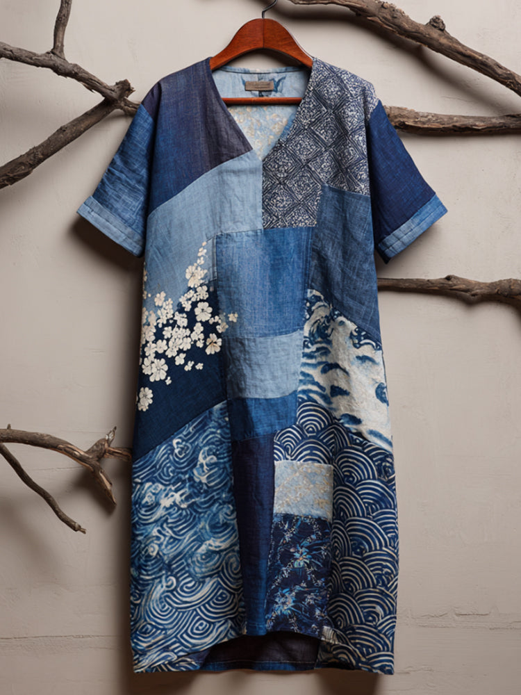 Japanese Style Plant Printed Splicing Retro V-neck Dress