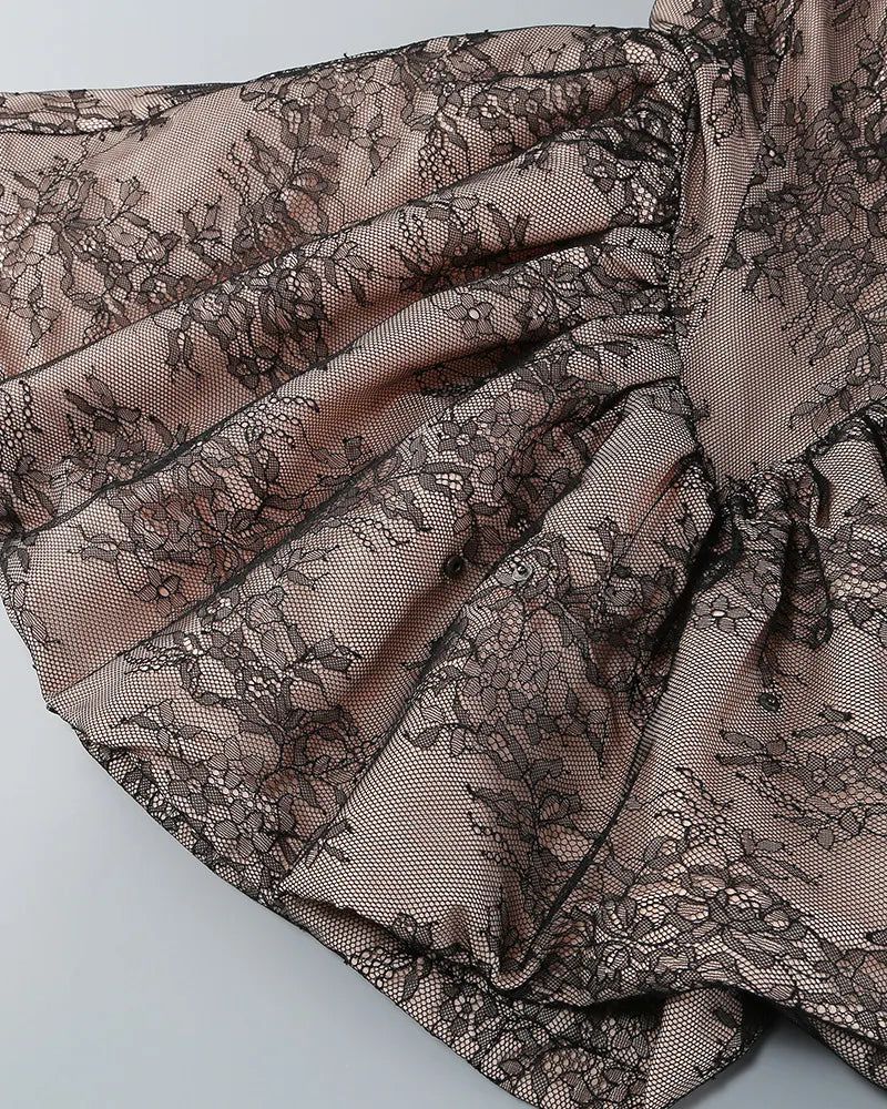 Strapless Floral Lace Puff Dress Taupe