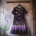 Bohemian Lavender Gradient Embroidery Patchwork Art Linen Round Neck Midi Dress