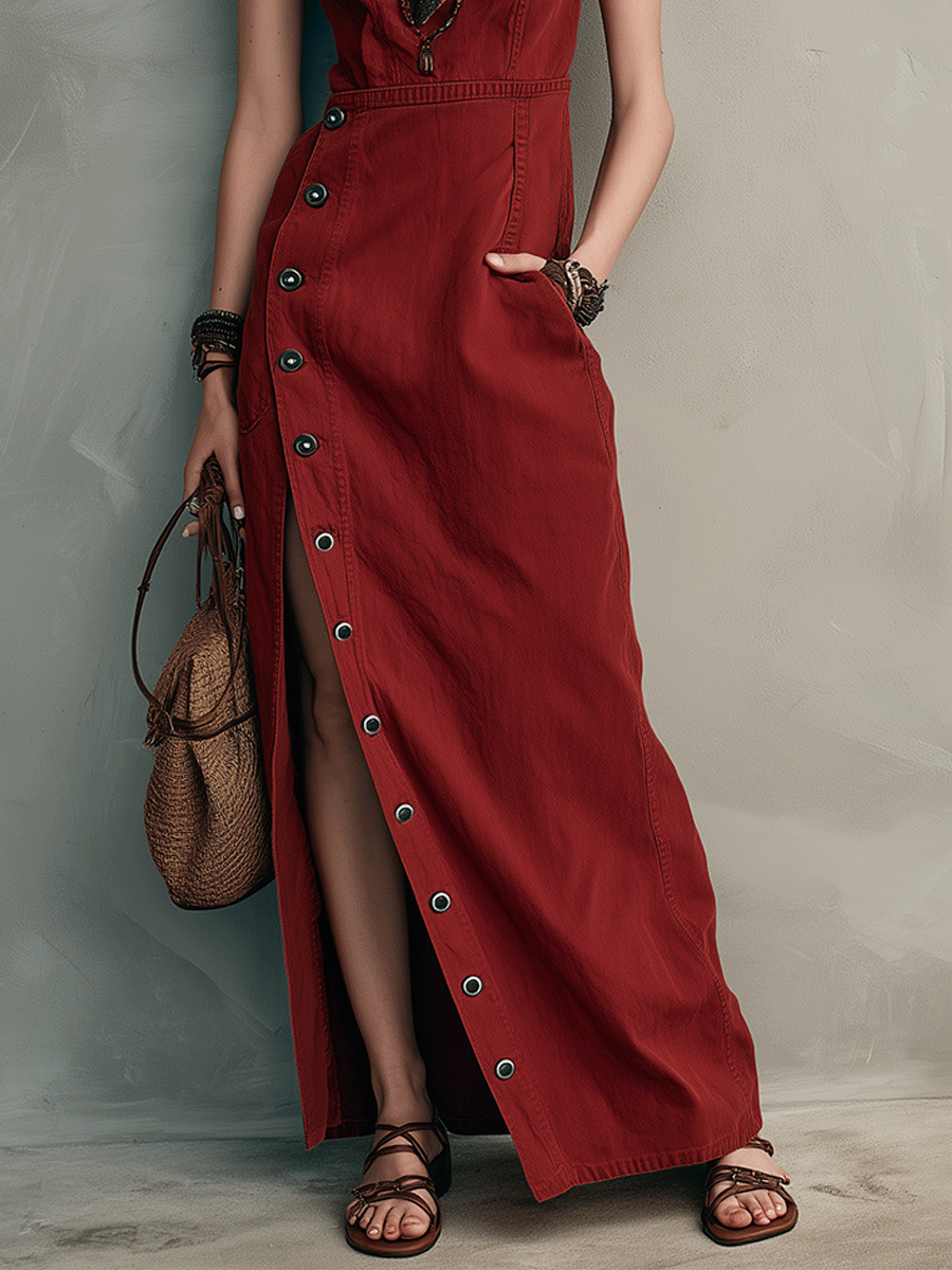 Effortless Button Detail Resort Crimson Red High-Slit Maxi Dress