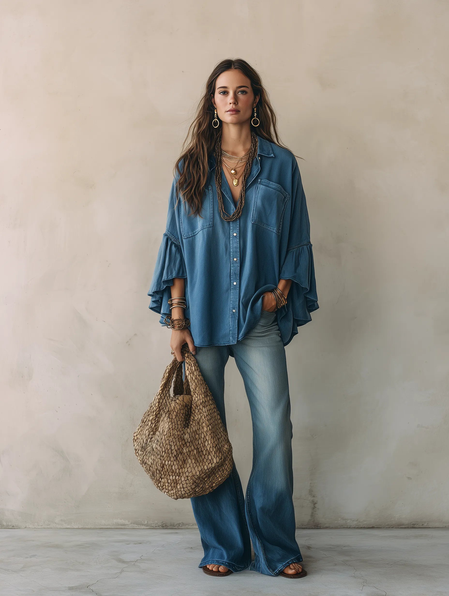 Effortless Chic Chambray Drop-Shoulder Flare-Sleeve Denim Blue Blouse