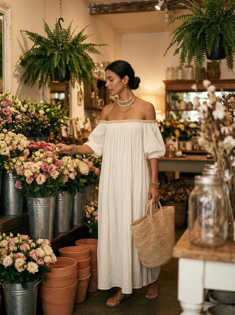 Bohemian Style Off-the-shoulder Pleated Ivory Long Dress